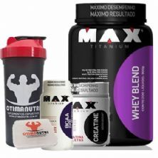 Combo - Whey Blend 900g Chocolate + Creatina 150g + BCAA + Porta Caps + Coqueteleira - Max Titanium