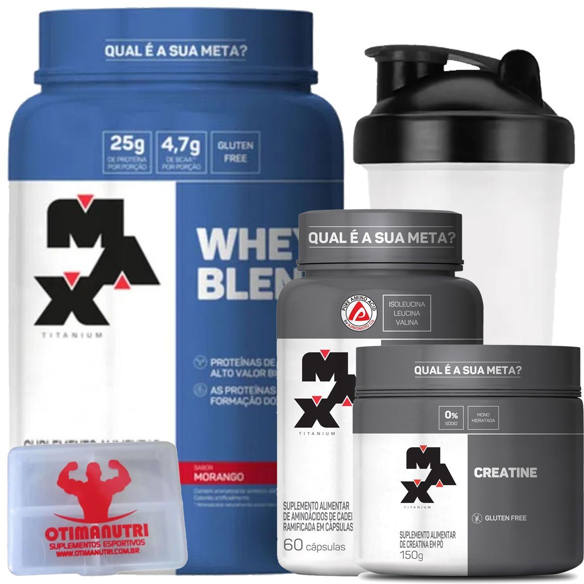 Combo - Whey Blend 900g Morango + Creatina 150g + BCAA + Porta Caps + Coqueteleira - Max Titanium