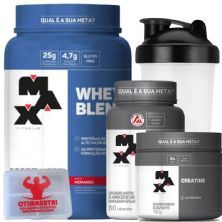 Combo - Whey Blend 900g Morango + Creatina 150g + BCAA + Porta Caps + Coqueteleira - Max Titanium