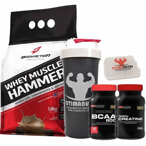 Combo - Whey Muscle Hammer 1800g Chocolate + Bcaa 120 tabs + Creatina + Porta Caps + Coqueteleira - Body Action