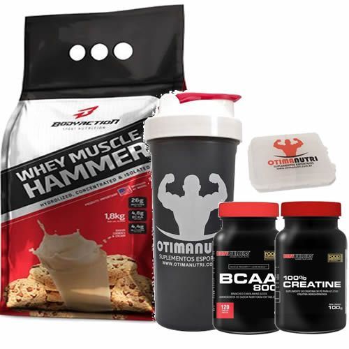 Combo - Whey Muscle Hammer 1800g Cookies e Cream + Bcaa 120 tabs + Creatina + Porta Caps + Coqueteleira - Body Action
