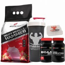 Combo - Whey Muscle Hammer 1800g Morango + Bcaa 120 tabs + Creatina + Porta Caps + Coqueteleira - Body Action