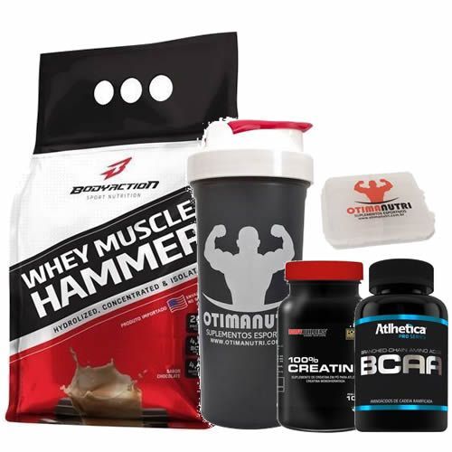 Combo - Whey Muscle Hammer 900g Chocolate + Bcaa 120 tabs + Creatina + Porta Caps + Coqueteleira - Body Action