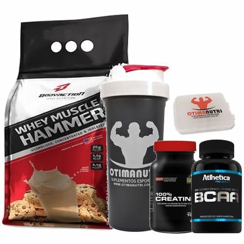 Combo - Whey Muscle Hammer 900g Cookies e Cream + Bcaa 120 tabs + Creatina + Porta Caps + Coqueteleira - Body Action