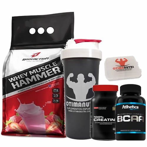 Combo - Whey Muscle Hammer 900g Morango + Bcaa 120 tabs + Creatina + Porta Caps + Coqueteleira - Body Action