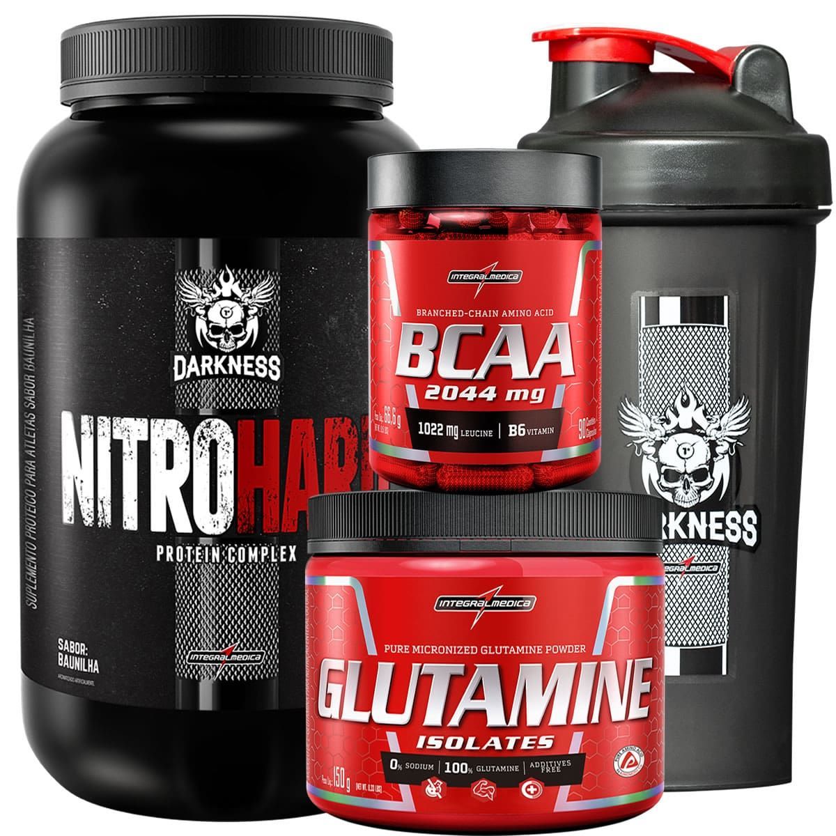 Combo Whey Nitro Hard Baunilha + Bcaa + Glutamina + Coqueteleira - Integralm�dica