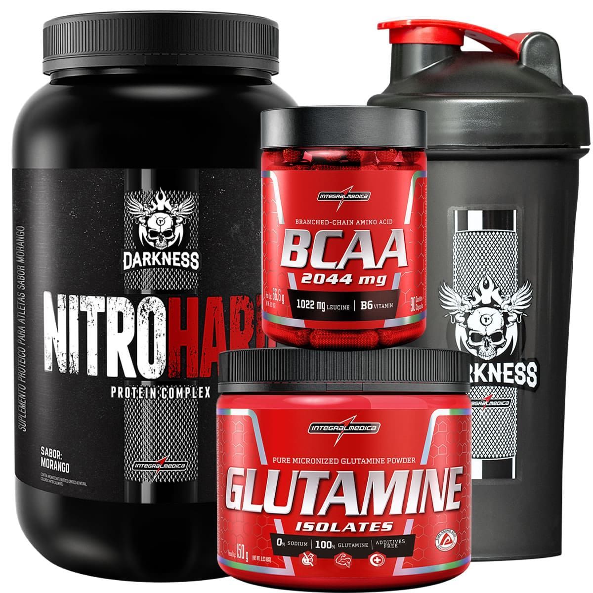 Combo Whey Nitro Hard Morango + Bcaa + Glutamina + Coqueteleira - Integralm�dica
