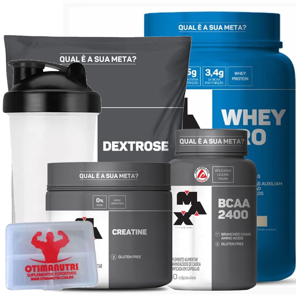 Combo - Whey Pro 1000g Baunilha + Creatina 150g + BCAA + Dextrose + Porta Caps + Coqueteleira - Max Titanium