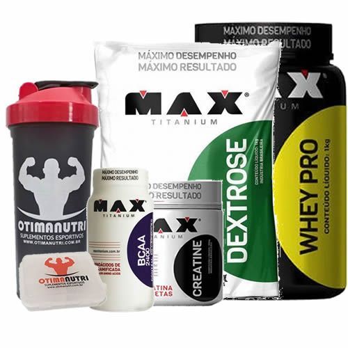 Combo - Whey Pro 1000g Morango + Creatina 150g + BCAA + Dextrose + Porta Caps + Coqueteleira - Max Titanium
