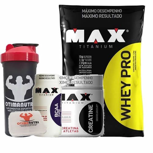 Combo - Whey Pro 1500g Vit de Frutas + Creatina 150g + BCAA + Porta Caps + Coqueteleira - Max Titanium