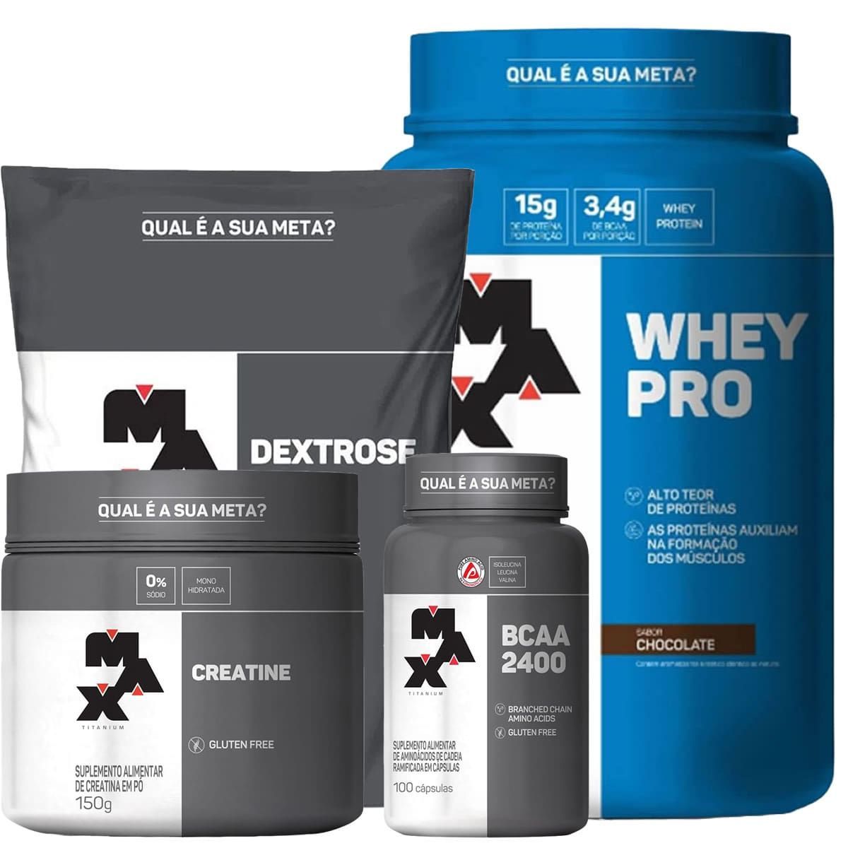 Combo Whey Pro Chocolate 1000g + Bcaa 100cp + Creatina  150g + Dextrose - Max Titanium