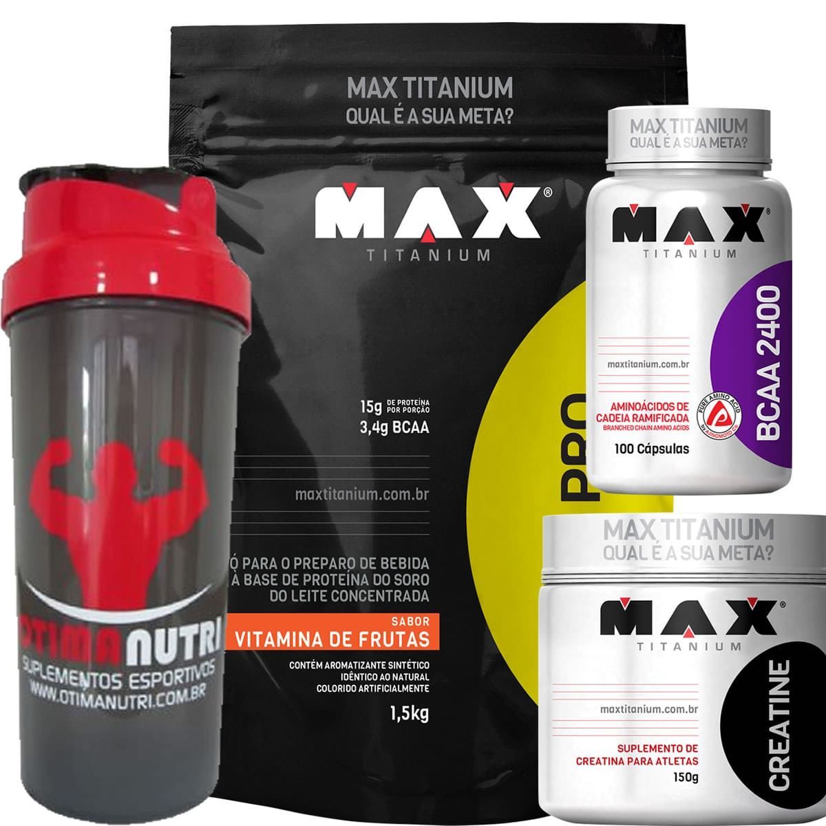 Combo - Whey Pro Frutas + Bcaa 100 caps + Creatina 150g + Coque - Max Titanium