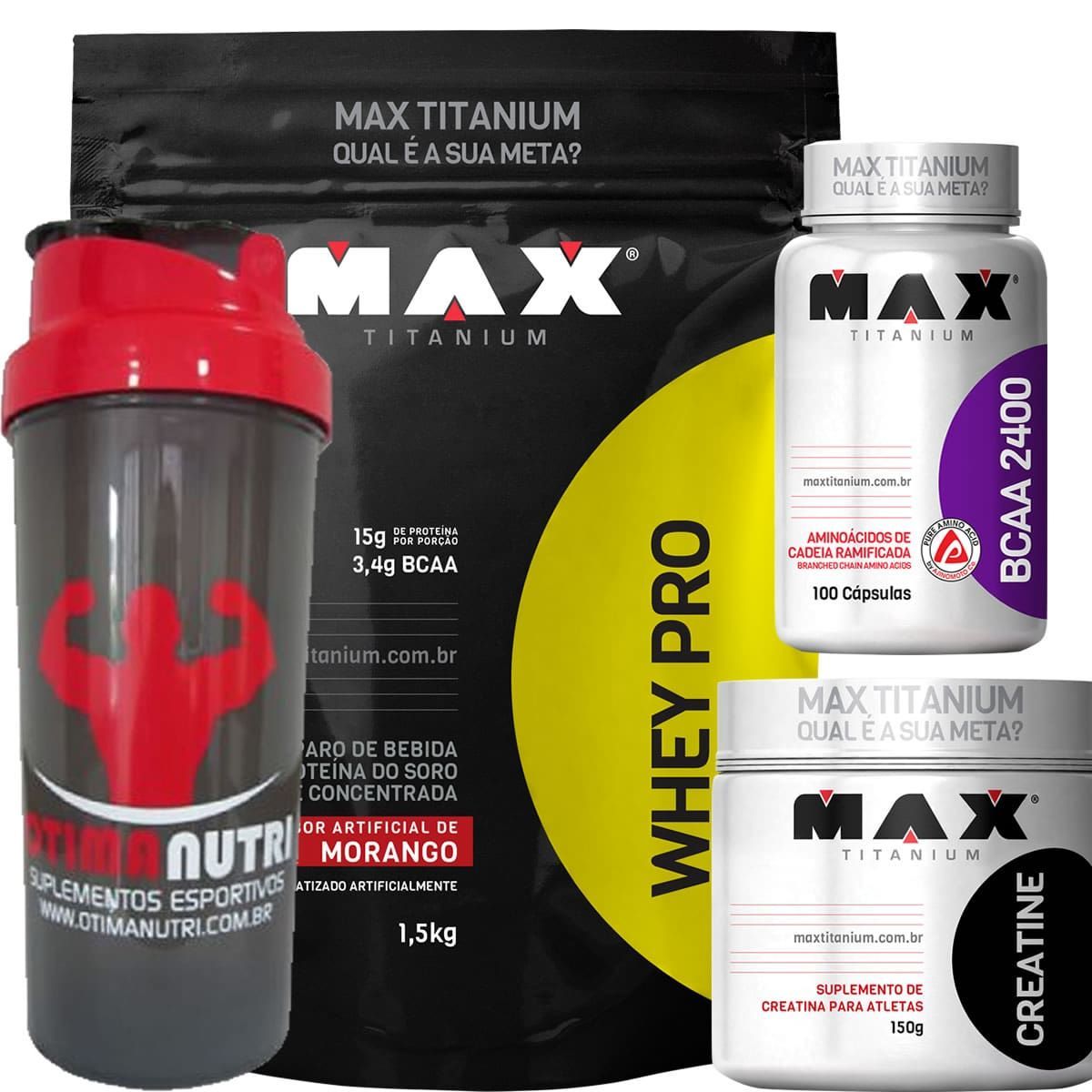 Combo - Whey Pro Morango + Bcaa 100 caps + Creatina 150g + Coque - Max Titanium
