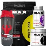 Combo - Whey Pro Morango + Bcaa 100 caps + Creatina 150g + Coque - Max Titanium