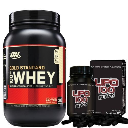 Combo Whey Protein 100% Gold Standard - 909g Morango + Lipo 100 Black - Intlab