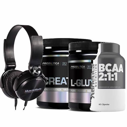Creatina 300g + L-Glutamine 120g + Bcaa 60 C�psulas + Fone de Ouvido Preto - MuscleMeds