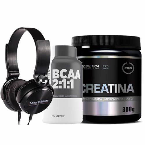 Creatina Monohidratada - 300g + Bcaa 60 C�psulas + Fone de Ouvido Preto - MuscleMeds
