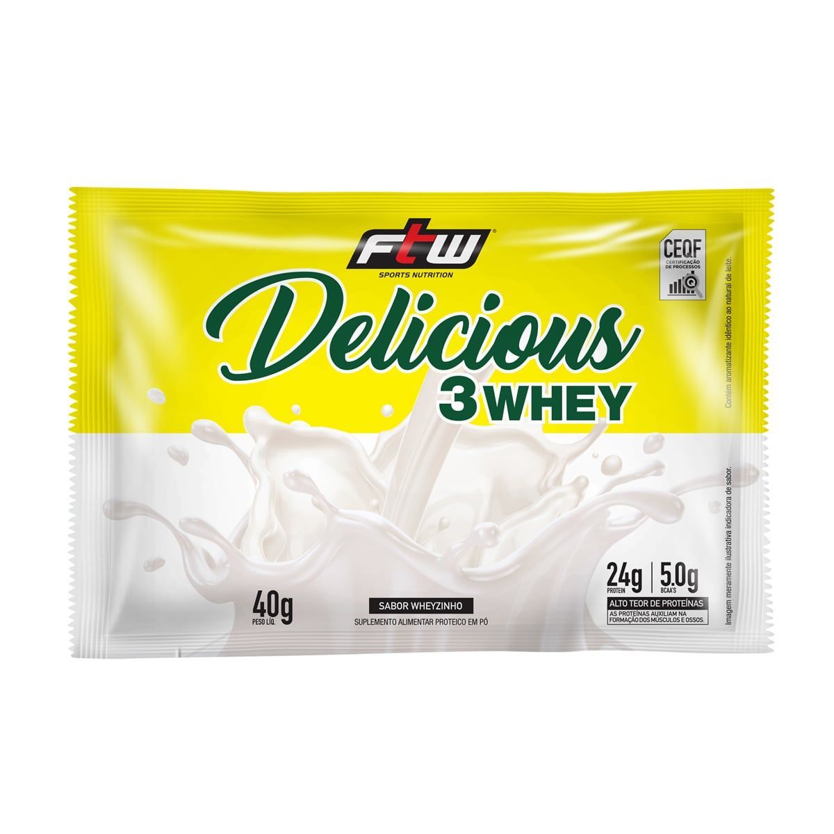 Delicious 3 Whey - 1 Sach� 40g Wheyzinho - FTW*** AVARIA EMBALAGEM *** Data Venc. 30/06/2024