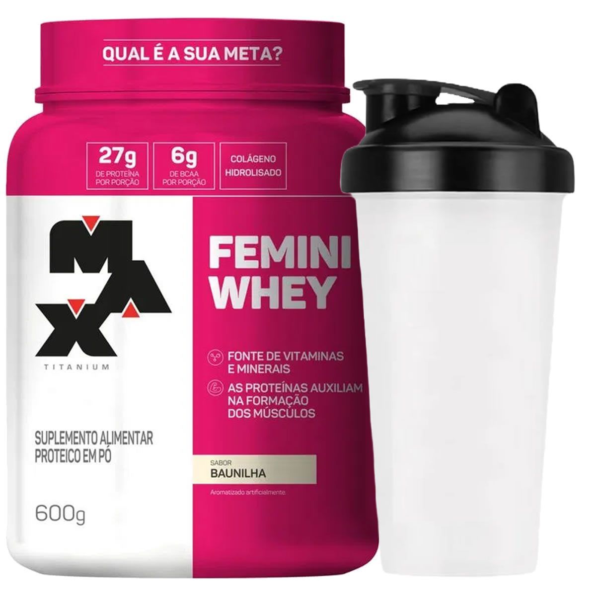 Femini Whey - 600g Sabor Baunilha + Coqueteleira 600ml Preta - Max Titanium