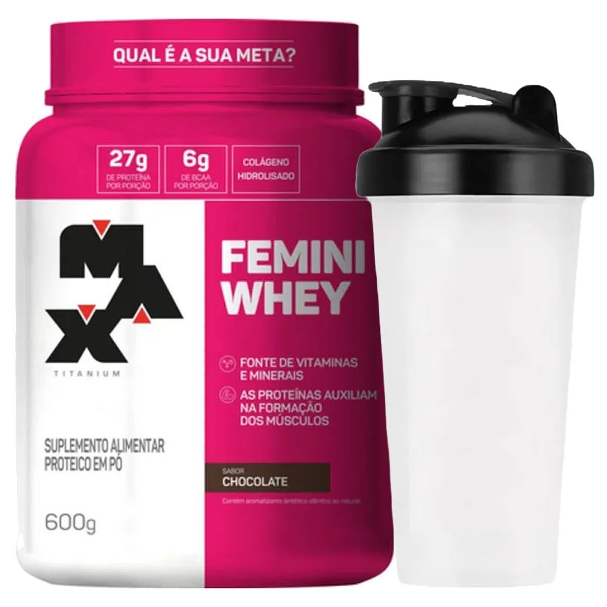 Femini Whey - 600g Sabor Chocolate + Coqueteleira 600ml Preta - Max Titanium