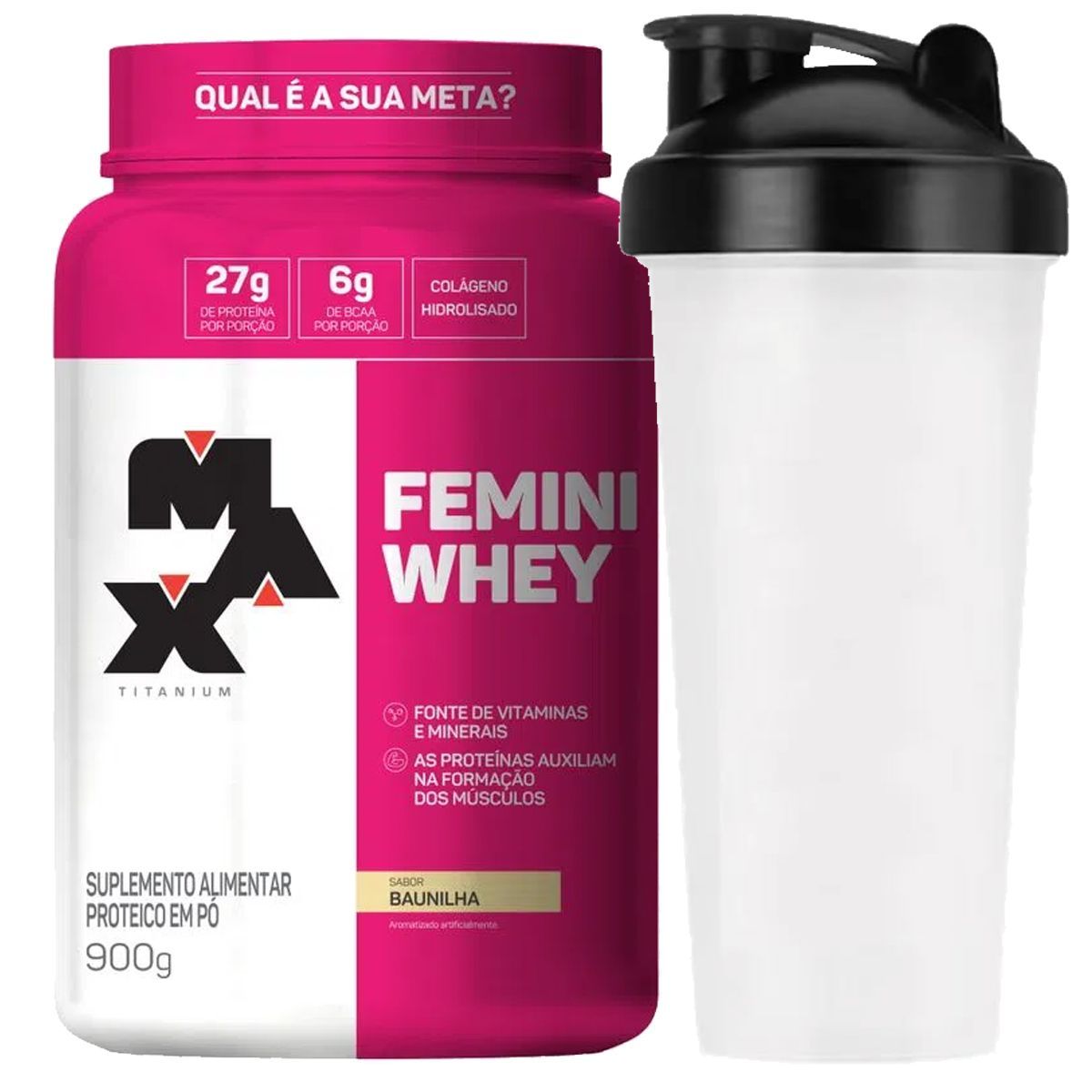 Femini Whey - 900g Baunilha + Coqueteleira 600ml Preta - Max Titanium