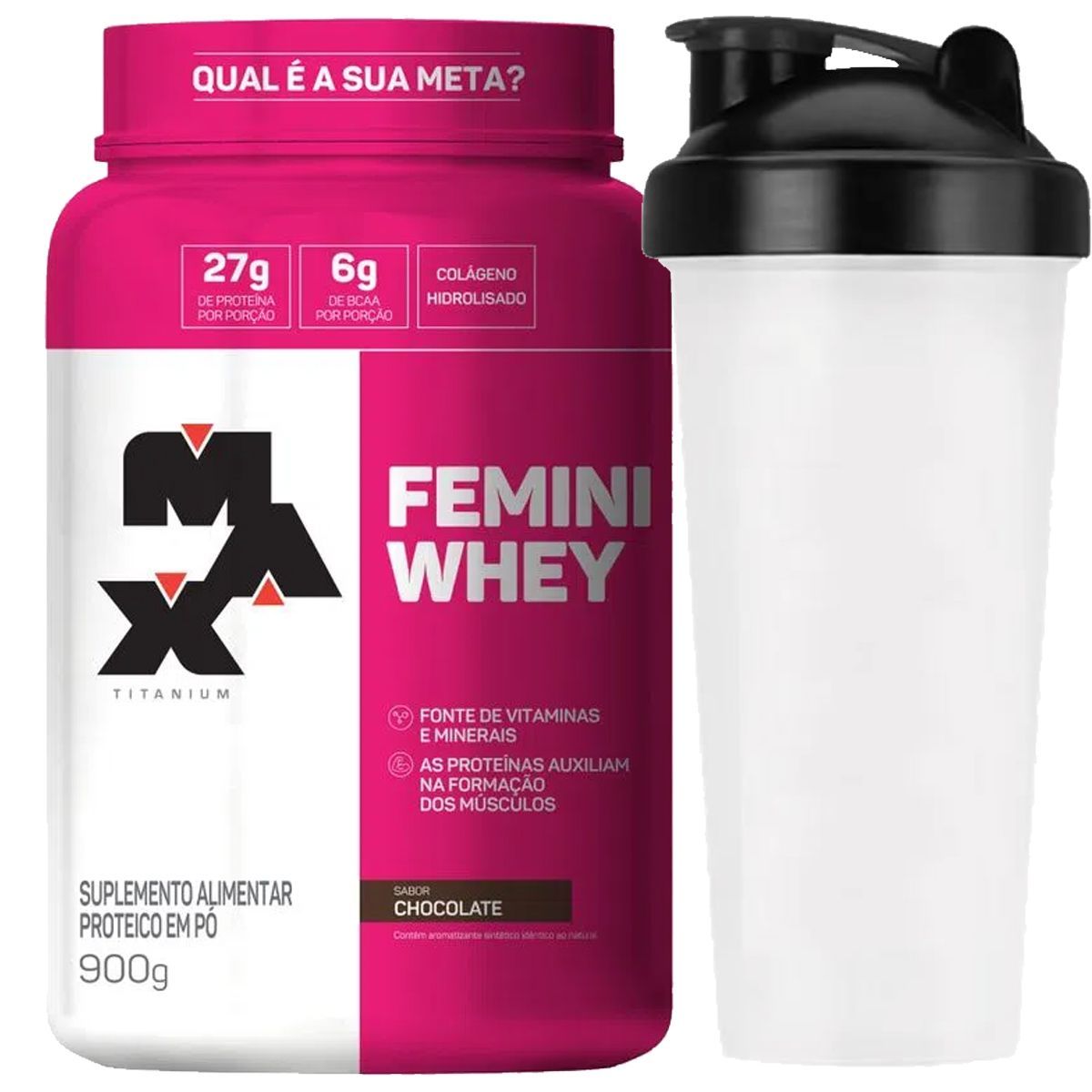 Femini Whey - 900g chocolate + Coqueteleira 600ml Preta - Max Titanium