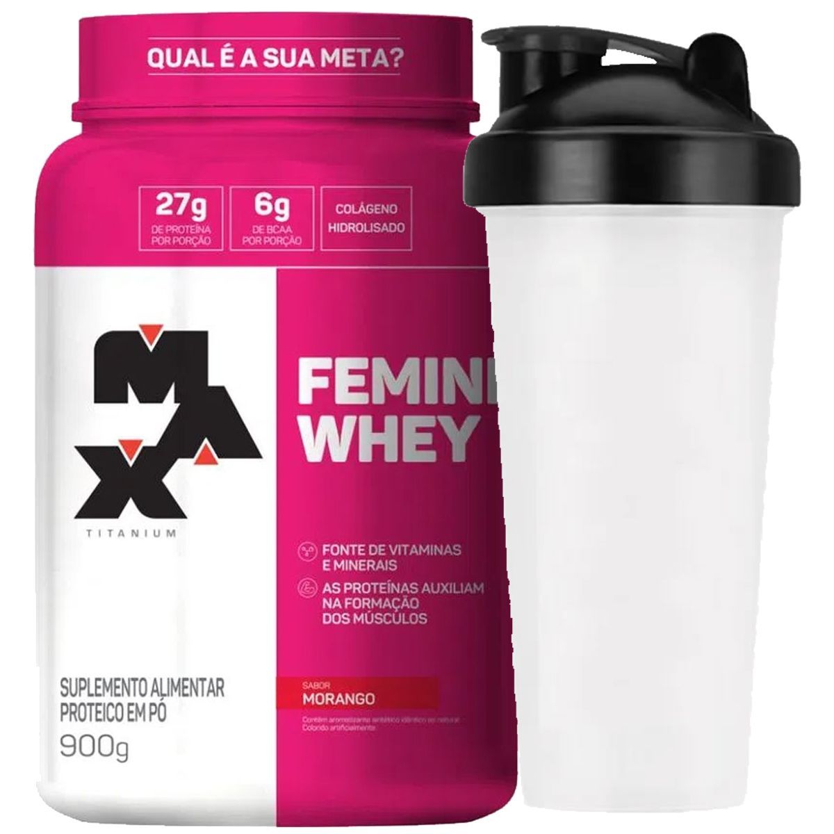 Femini Whey - 900g morango + Coqueteleira 600ml Preta - Max Titanium