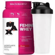 Femini Whey - 900g morango + Coqueteleira 600ml Preta - Max Titanium