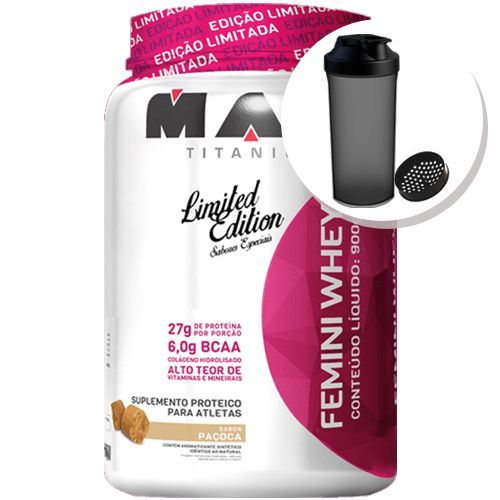 Femini Whey - 900g pa�oca + Coqueteleira 600ml Preta - Max Titanium