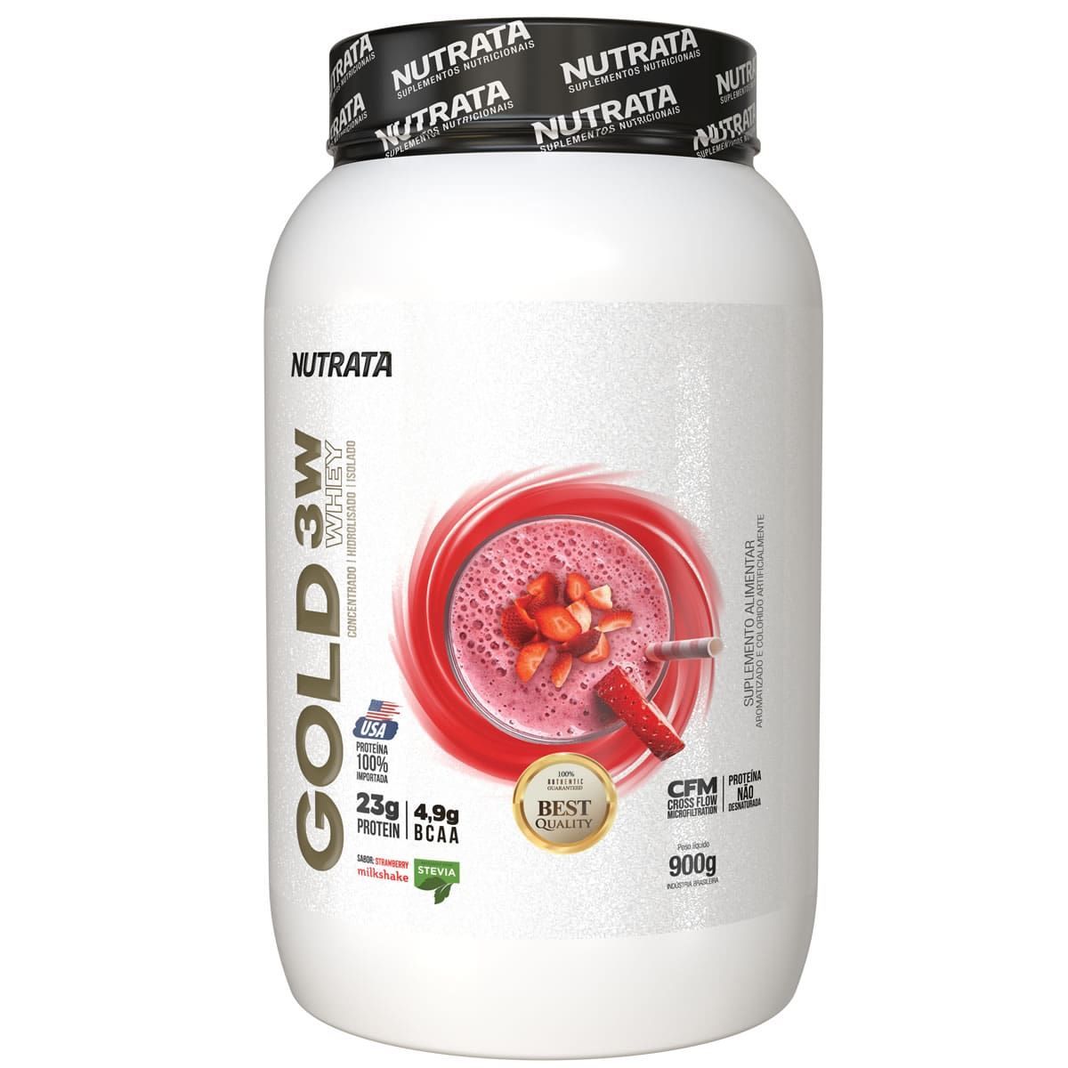 Gold Whey 3W - 900g MilkShake de Morango - Nutrata*** Data Venc. 28/02/2024