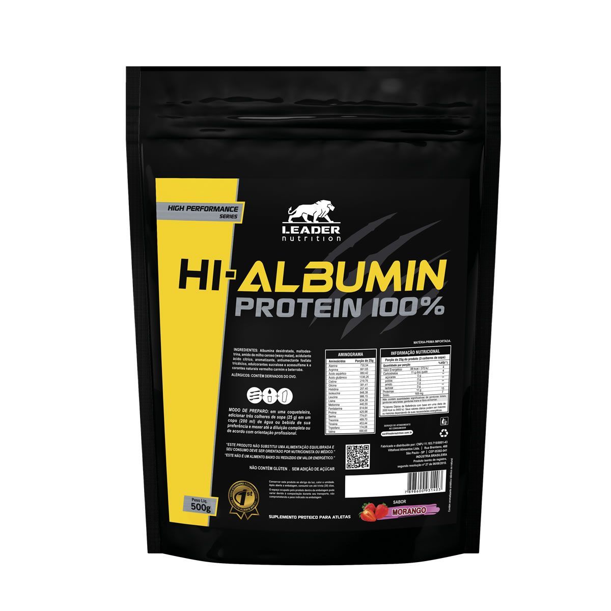 Hi-Albumin Protein 100% Pure - 500g Refil  Morango - Leader Nutrition