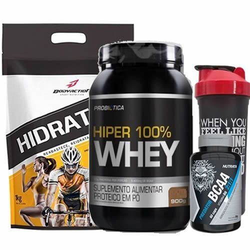 Hiper 100% Whey 900g Morango + Hidraton 1000g Lim�o + Predator BCAA 60 C�psulas + Coqueteleira 600ml - OtimaNutri