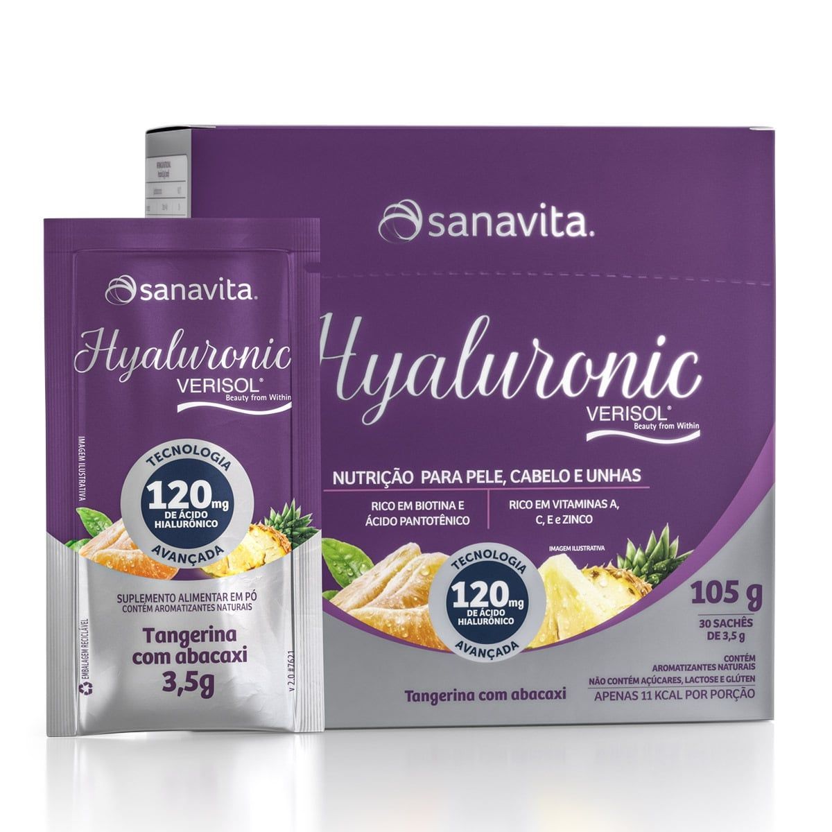 Hyaluronic Verisol 120mg - 30 Sticks de 3,5g Tangerina com Abacaxi - Sanavita*** Data Venc. 24/07/2025