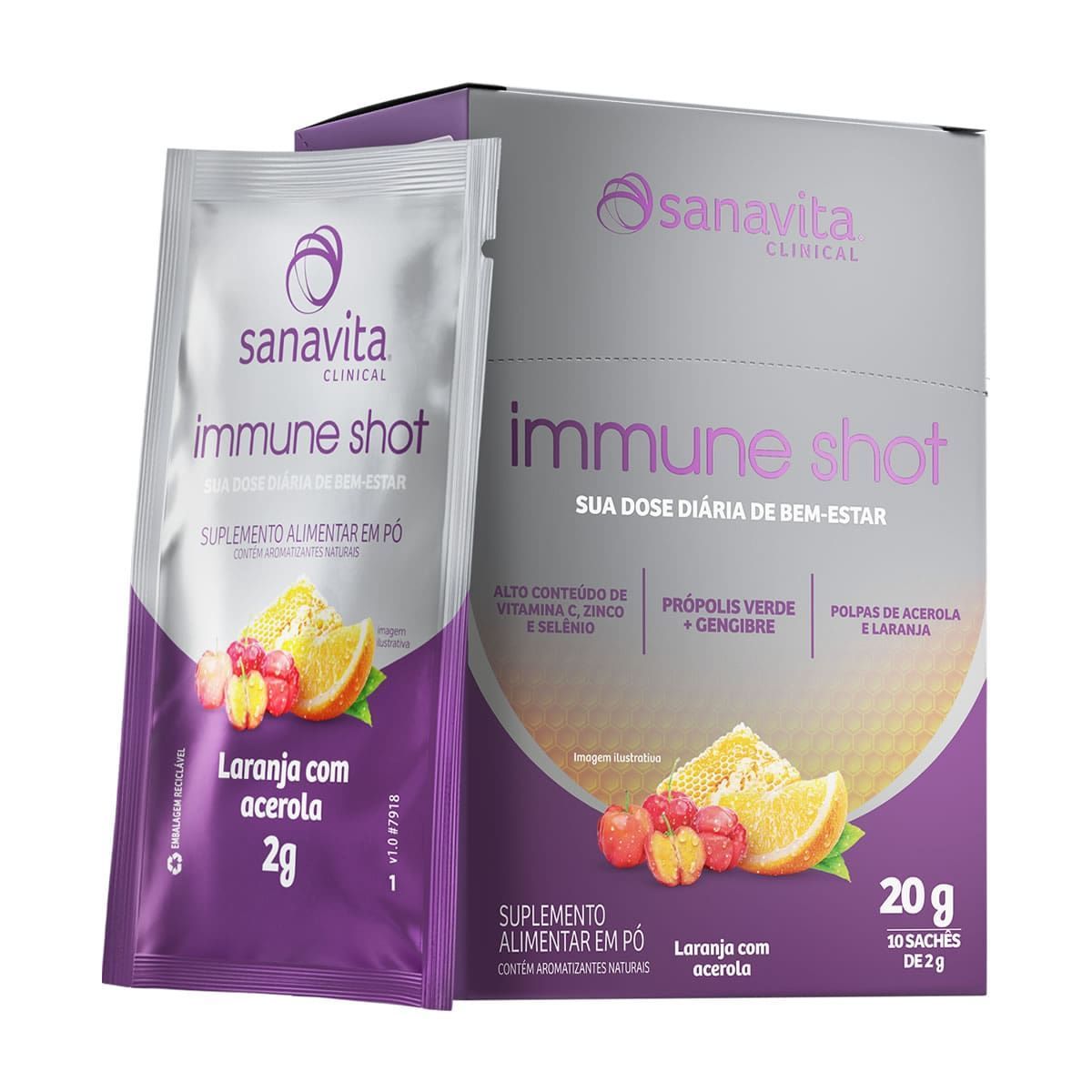 Immune Shot - 10 Sach�s de 2g Laranja com Acerola - Sanavita*** Data Venc. 20/10/2022