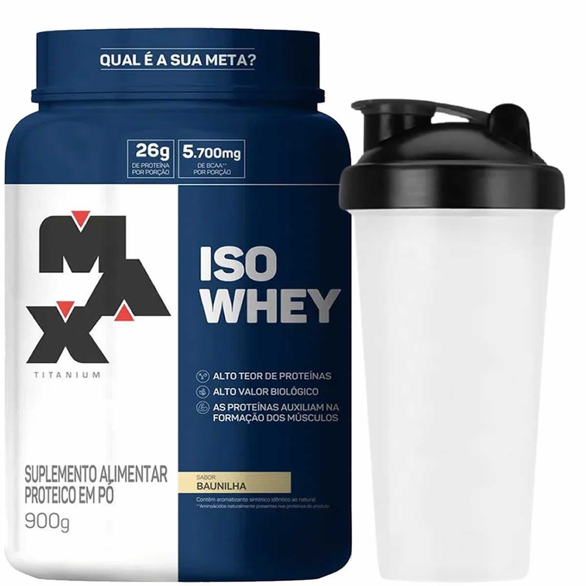 Iso Whey - 900g Baunilha + Coqueteleira 600ml Preta - Max Titanium
