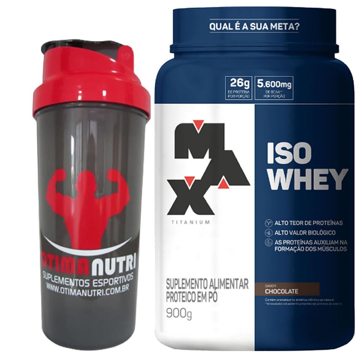 Iso Whey - 900g Chocolate + Coqueteleira 600ml Preta - Max Titanium