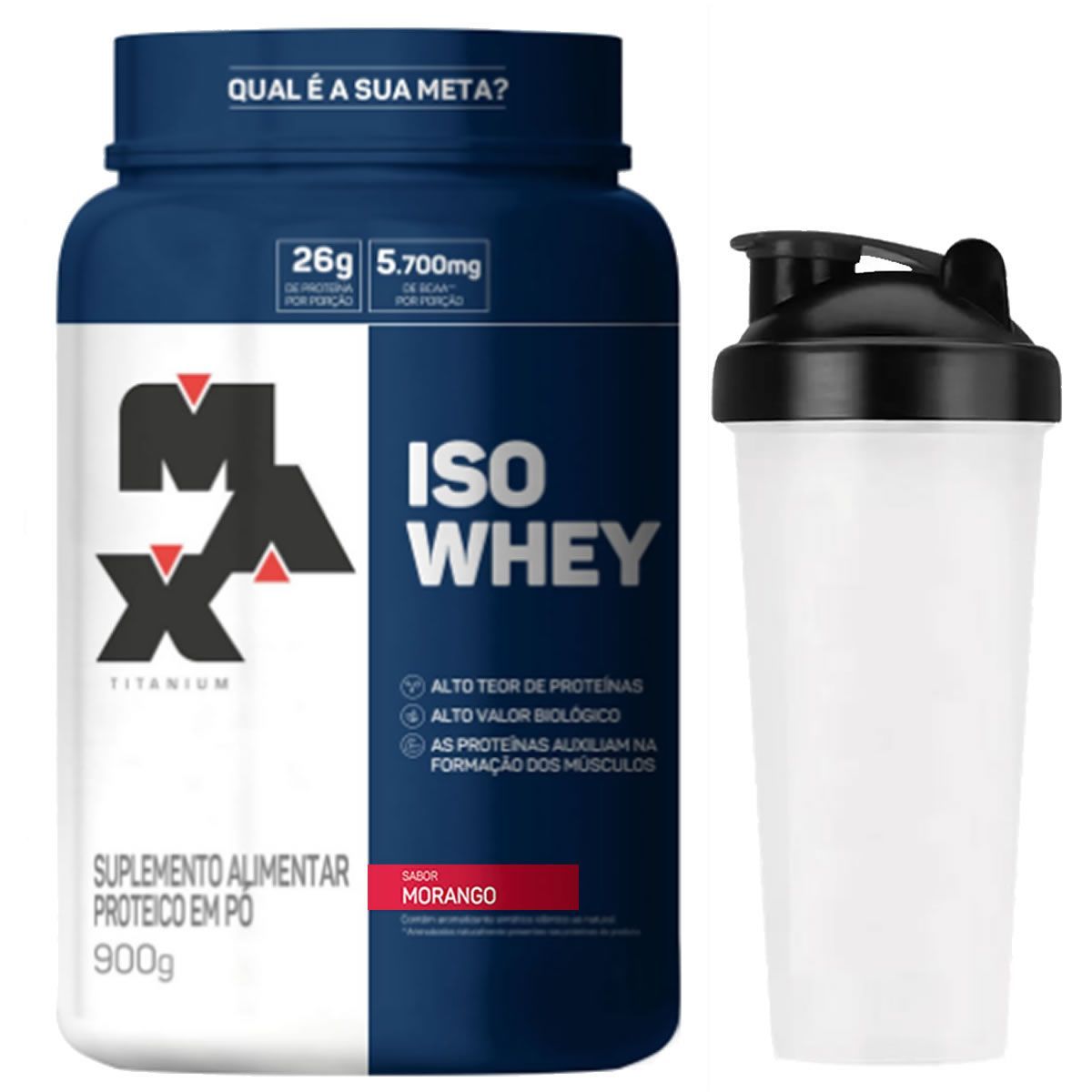 Iso Whey - 900g Morango + Coqueteleira 600ml Preta - Max Titanium