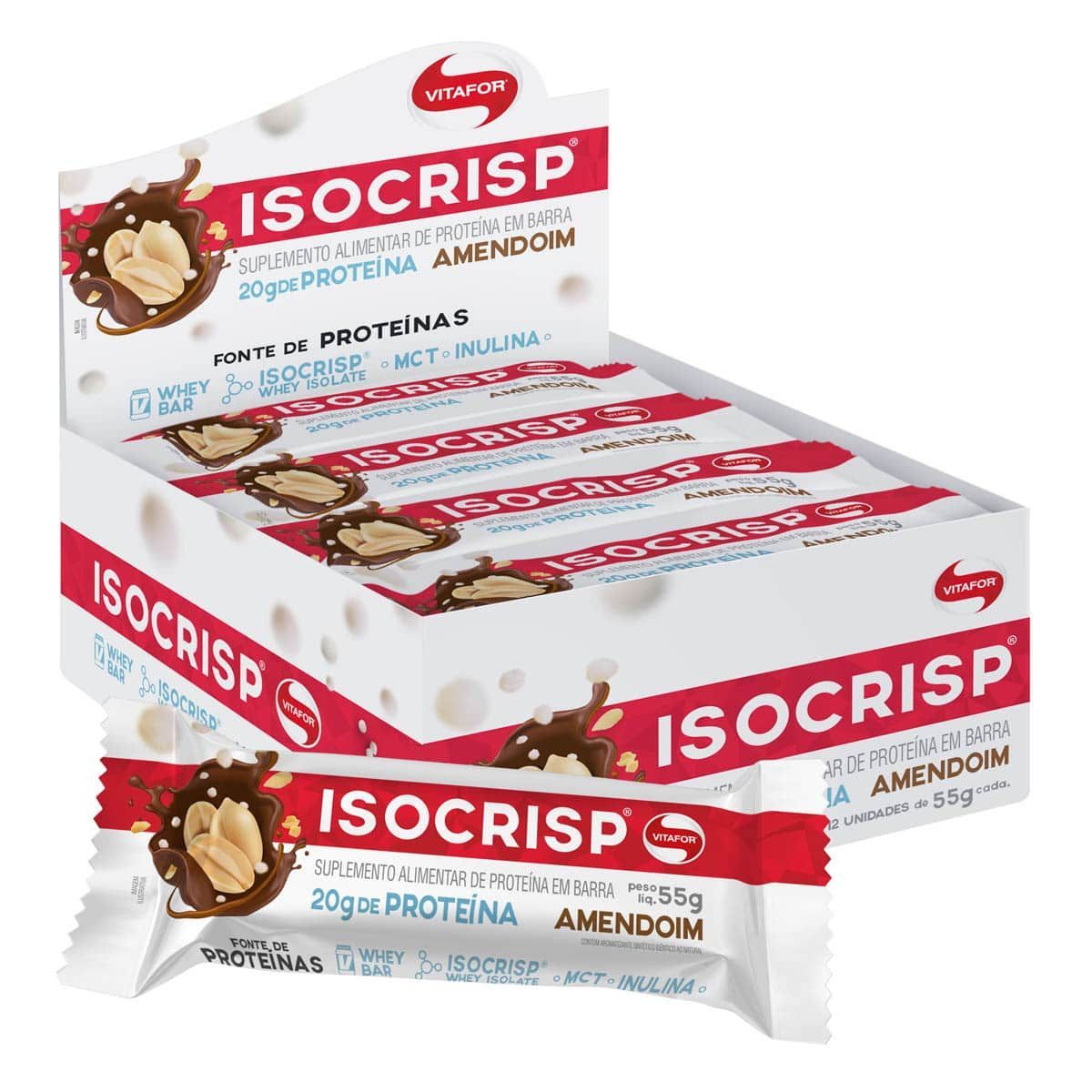 Isocrisp Whey Bar - 12 unidades 55g Amendoim - Vitafor*** Data Venc. 15/02/2021