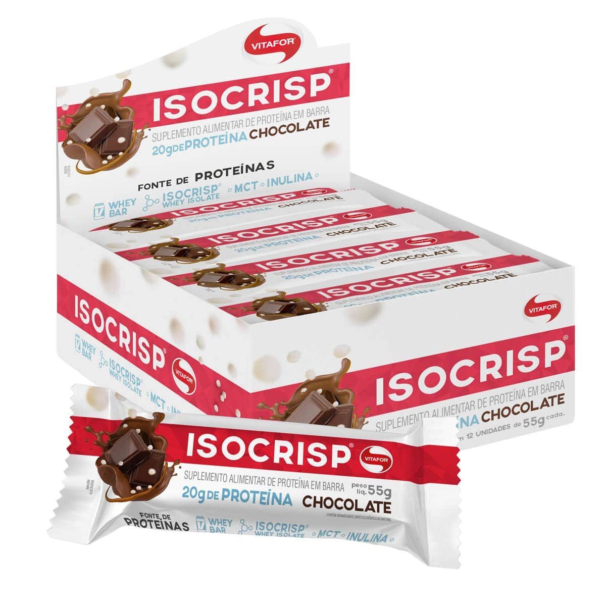 Isocrisp Whey Bar - 12 unidades 55g Chocolate - Vitafor*** Data Venc. 24/04/2021