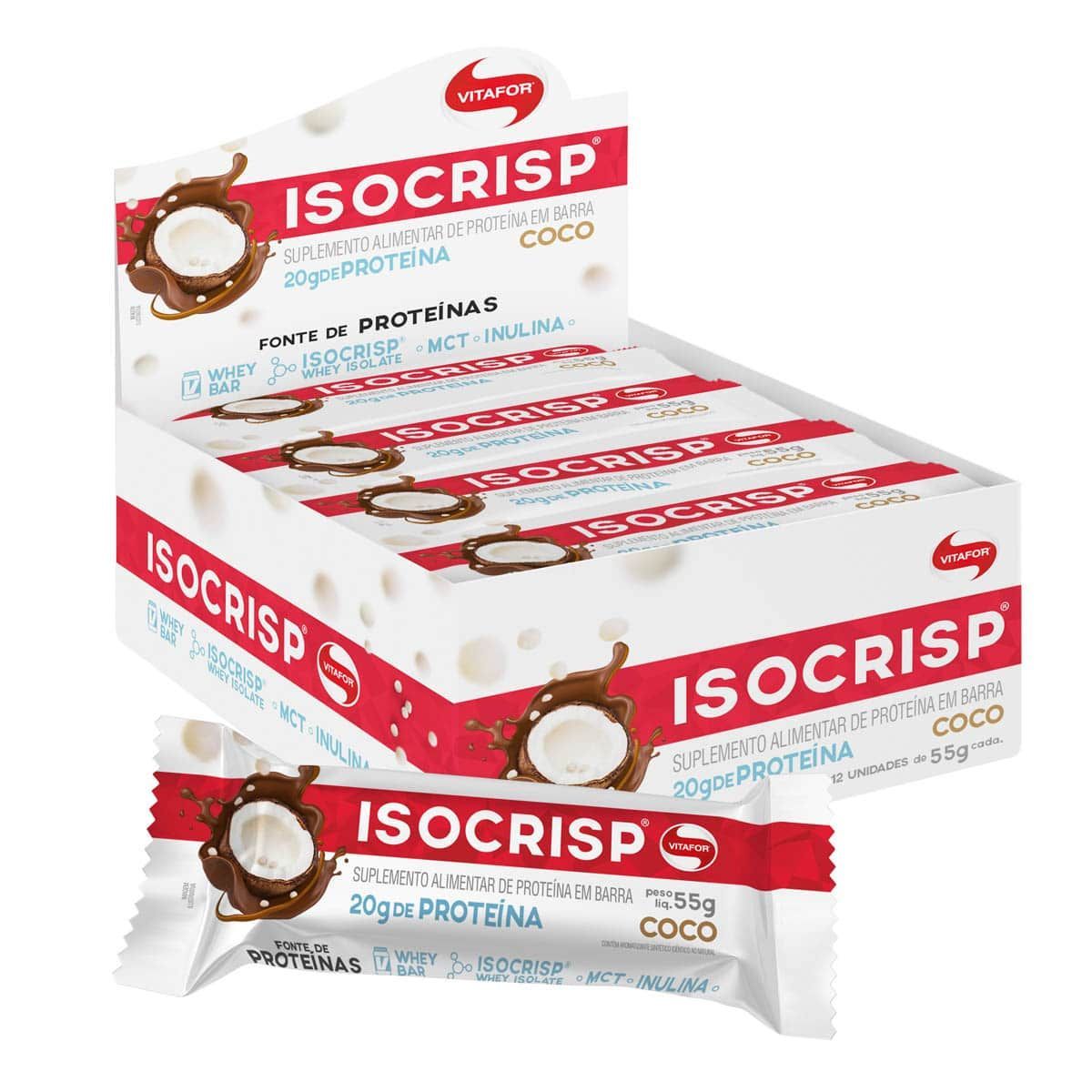 Isocrisp Whey Bar - 12 unidades 55g Coco - Vitafor*** Data Venc. 10/02/2021