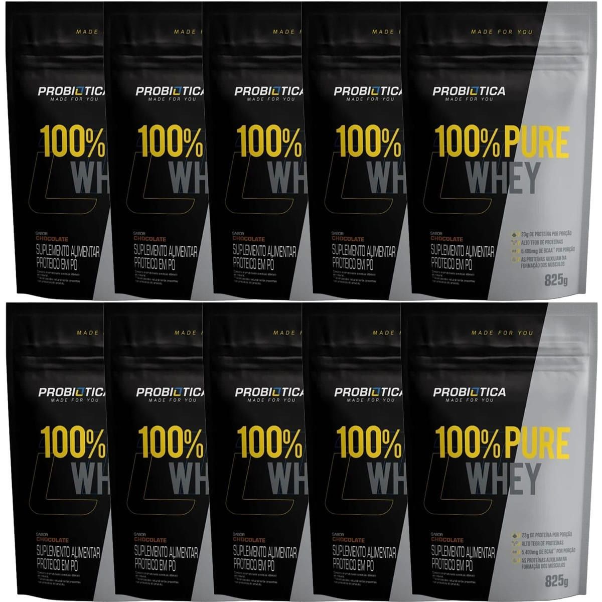 Kit 10 100% Pure Whey - 825g Refil Chocolate - Probiotica