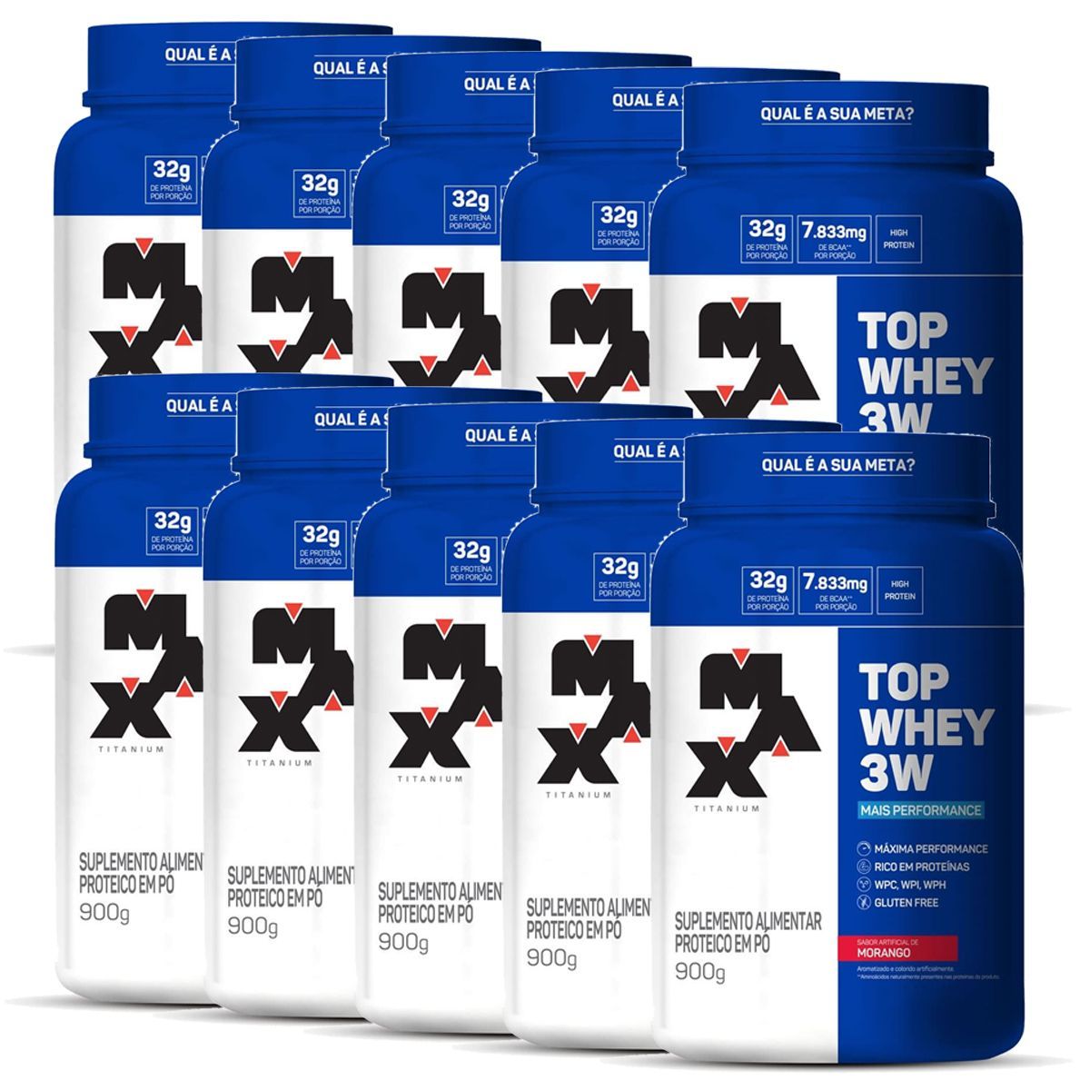 Kit 10 Top Whey 3W - 900g Morango - Max Titanium