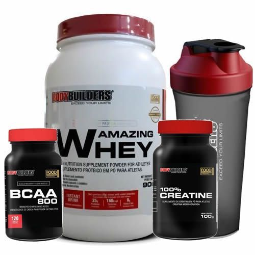 Kit 100% Amazing Whey 900g Chocolate + BCAA 800 120 Tab + 100% Creatine 100g + Coqueteleira 600ml - BodyBuilders