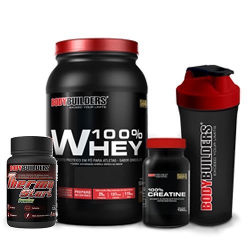 Kit 100% Whey 900g Chocolate + Thermo Start Powder 120g + Creatine 100g + Coqueteleira - BodyBuilders