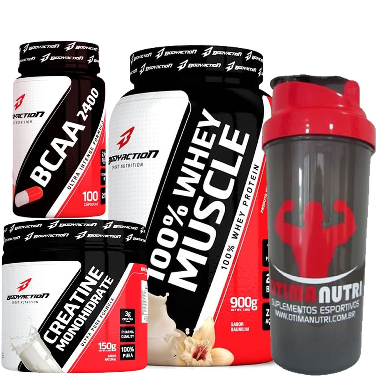 Kit 100% Whey Muscle Baunilha 900g + Creatina 150g + Bcaa 100 C�ps + Coqueteleira 600ml - Body Action