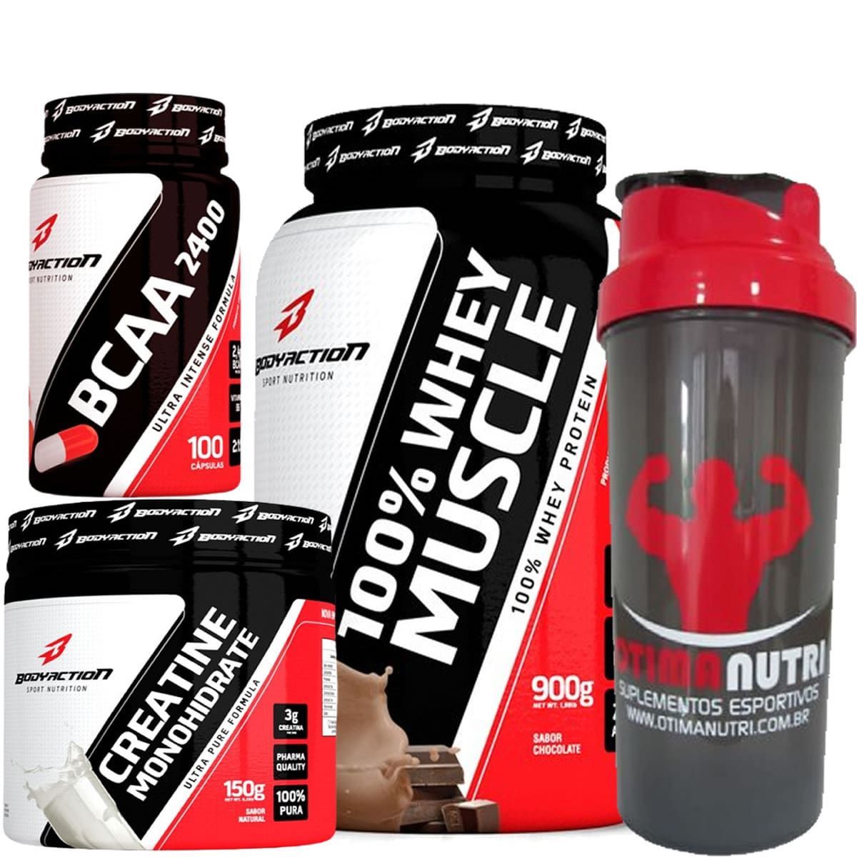 Kit 100% Whey Muscle Chocolate 900g + Creatina 150g + Bcaa 100 C�ps + Coqueteleira 600ml - Body Action