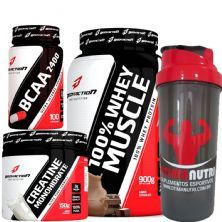 Kit 100% Whey Muscle Chocolate 900g + Creatina 150g + Bcaa 100 C�ps + Coqueteleira 600ml - Body Action
