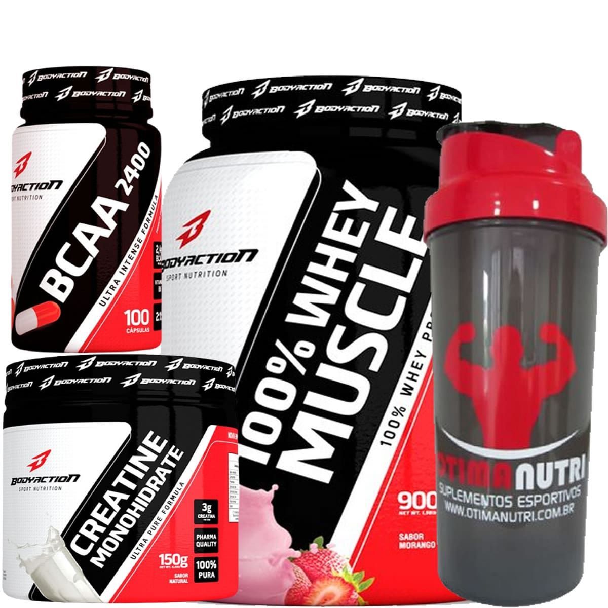 Kit 100% Whey Muscle Morango 900g + Creatina 150g + Bcaa 100 C�ps + Coqueteleira 600ml - Body Action