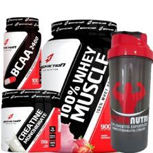 Kit 100% Whey Muscle Morango 900g + Creatina 150g + Bcaa 100 C�ps + Coqueteleira 600ml - Body Action