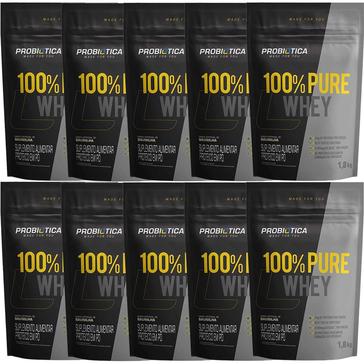 Kit 10X 100% Pure Whey - 1800g Refil Baunilha - Probiotica
